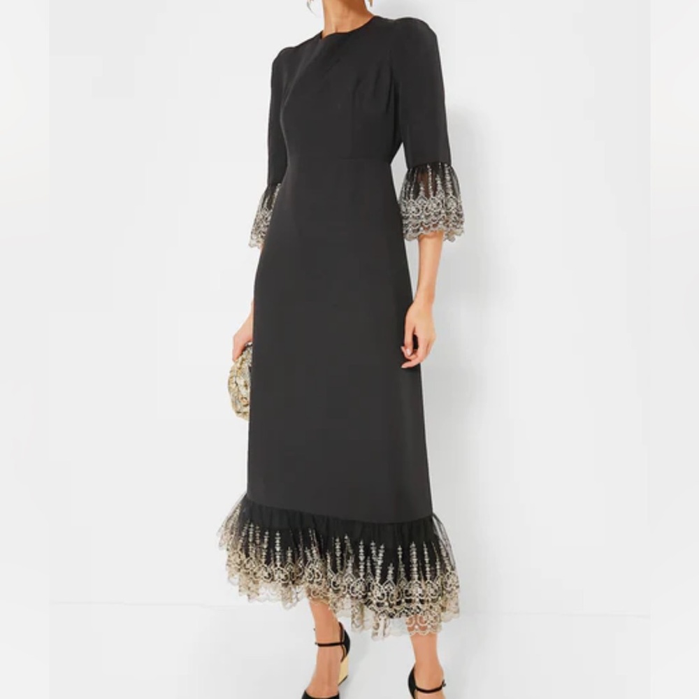 Tuckernuck Black Midi Dress with Gold Lace Trim